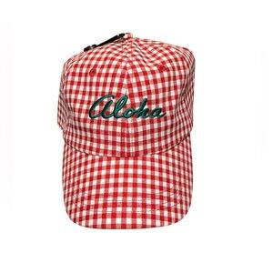 Old Navy Aloha Embroidered Gingham Baseball Cap Red & White NWT
